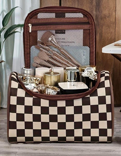 Checkered Leather Makeup Bag